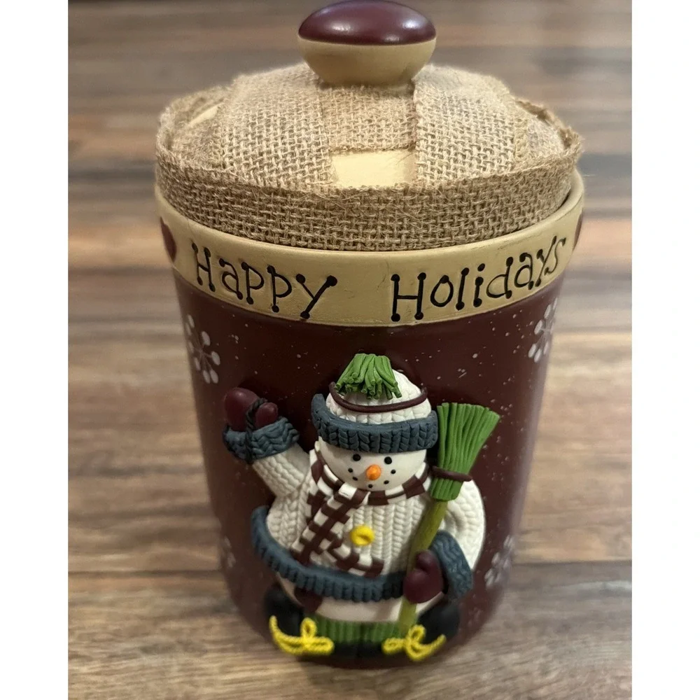Vtg Snowman Happy Holidays DIY‎ Burlap 3D Ceramic Canister Cookie Jar w Lid